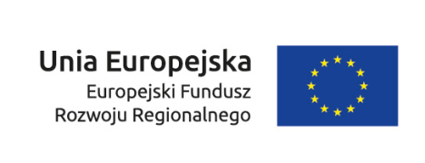 Unia Europejska. Europejski Fundusz Rozwoju Regionalnego. Obok flaga Unii Europejskiej - 12 gwiazd ułożonych w okrąg, niebieskie tło.